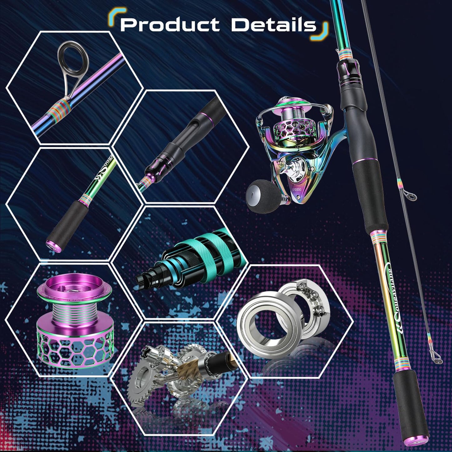 Sougayilang Spinning Fishing Rod Reel Combo, 6.9ft 2 Pieces Medium Heavy Pole with Bright Strong Smooth 2000 Reel for Freshwater