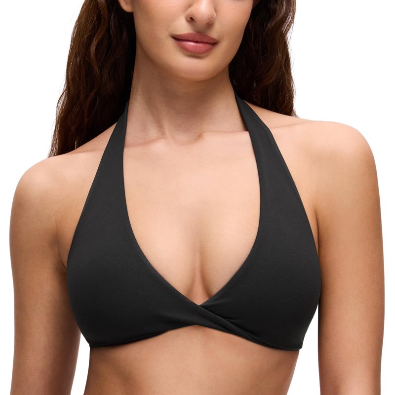 CRZ YOGA Butterluxe Double Lined Twist Halter Sports Bras for Women - Deep V Neck Crop Top Casual Open Back Non Padded Black Medium