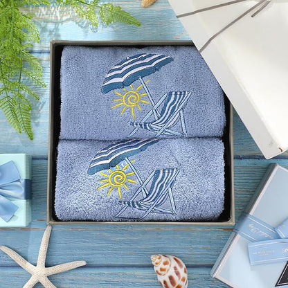 2 Pcs Beach Chair Hand Towels Slate Blue Bathroom Decor 14x29 Inch Embroidered