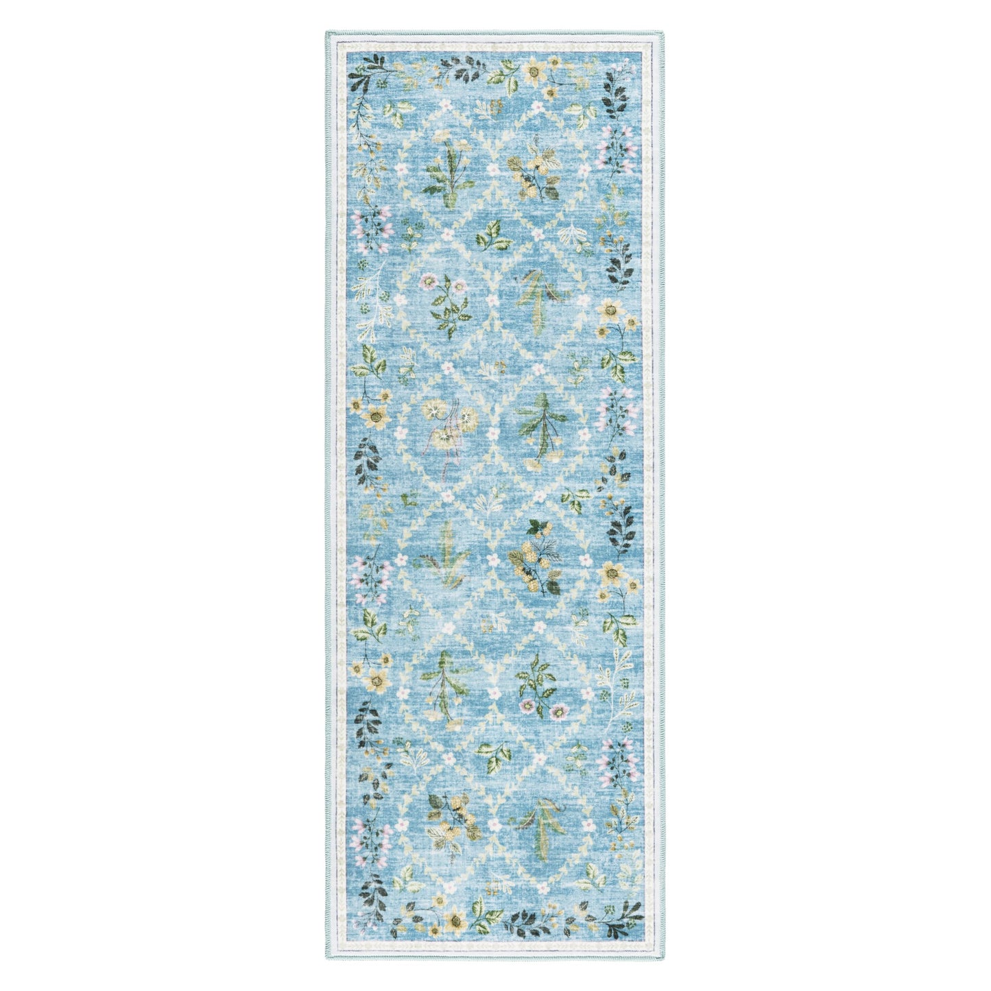 EVERWASH Haven Floral Trellis Machine Washable Area Rug with Airflo Technology for Easy Clean, Ultra-Soft Non-Slip Rug with Built-in Pad, Pet, Family & Allergy Friendly, Blue, 2'6"x7'