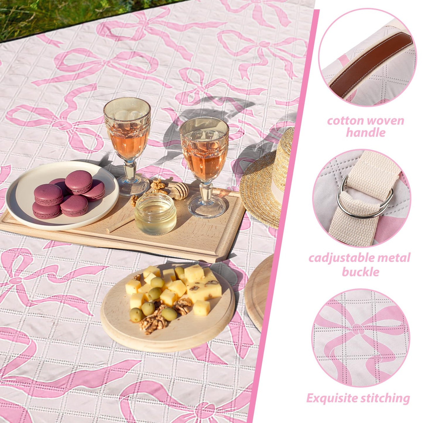 SmoothNovelty Pink Bow Picnic Blanket 80'' x 80'' Waterproof Extra Large Camping Blanket Coquette Picnic Mat Foldable Portable Preppy Outdoor Beach Mat with Carry Strap for Outdoor Grass Lawn Park