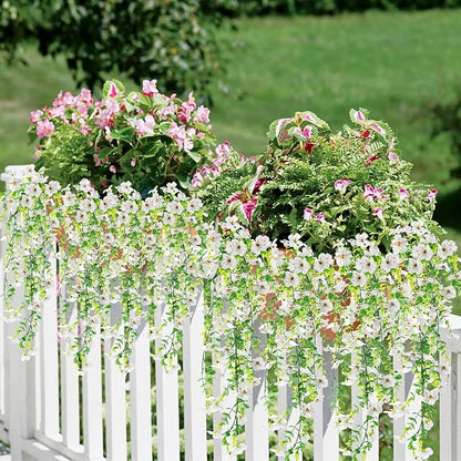 Artificial Fake Hanging Flowers Plants for Outdoor Spring Summer Decoration, 4pcs Faux Silk Realistic UV Sun Resistant Daisy for Outside Porch Patio Window Box Yard Home Decor (White)