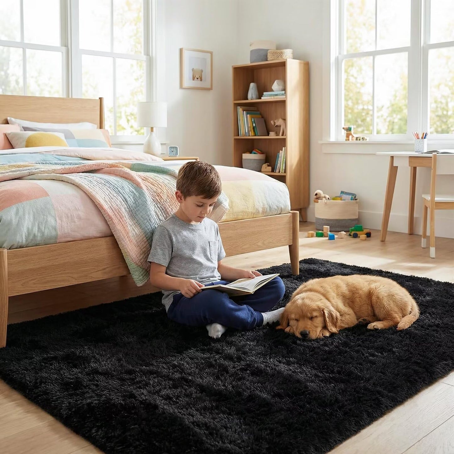 junovo 2x3 Small Washable Rug, Black Soft Non Slip Throw Carpet, Fluffy Shaggy Entryway Rugs for Bedroom Nursery, Indoor Inside Front Entrance Floor Mat for Home Decor Aesthetic