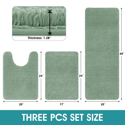 Microfiber Thick Bathroom Rugs Set 3 Piece, Flurry Non Slip Bath Rug, Soft Plush Absorbent Bathroom Mat, Machine Washable Luxury Toilet Rug Set, Bath Mat for Tab, Shower and Bathroom, Sage Green