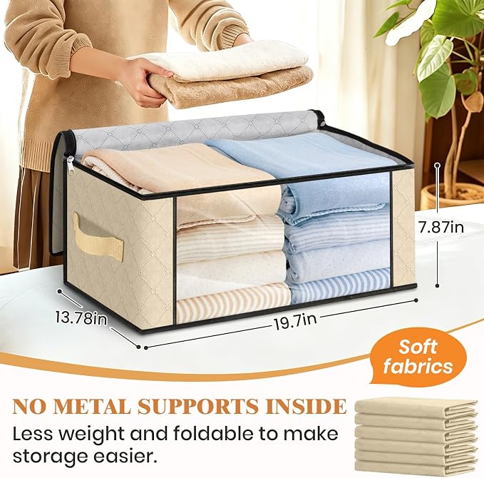 Fab totes 35L Closet Organizers and Storage, Foldable Under Bed Storage Containers, Storage bags for Organizing Bedroom, Closet, Clothing,Organization with Handle (6 Pack,Beige)