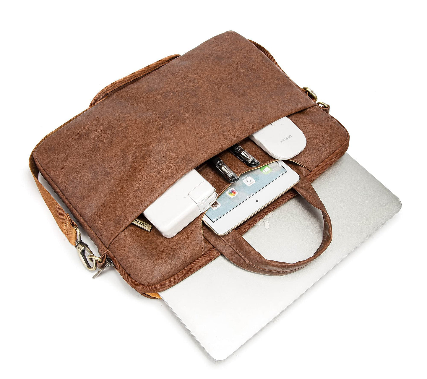 Kinmac 360° Protective Waterproof PU Leather Laptop Shoulder Messenger Sleeve Briefcase case Bag (13 inch-14 inch, Coffee PU)