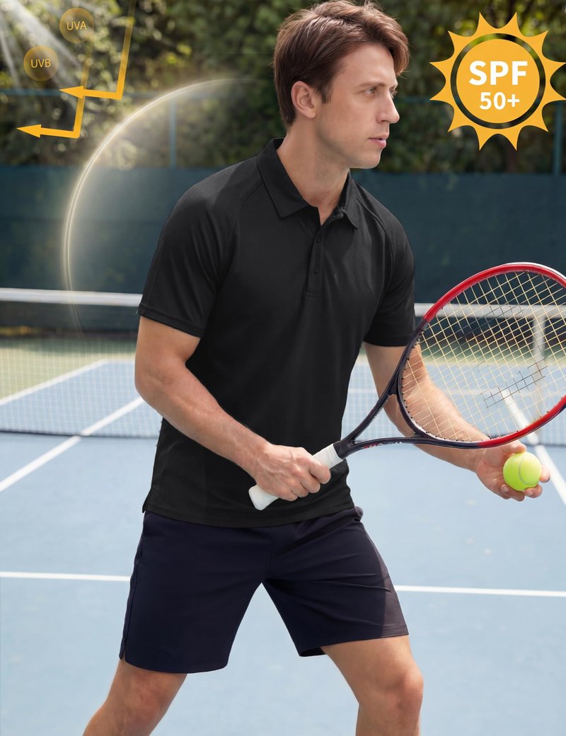 TACVASEN Black Polo Shirts for Men Short Sleeve Dry Fit Breathable UPF 50+ Performance Collared Shirt Summer Work Athletic,L
