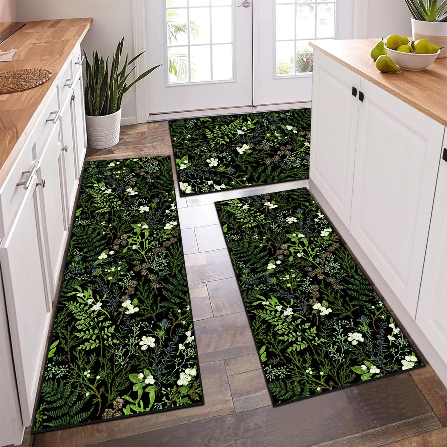 PCSWEET HOME Black Botanical Kitchen Rug Sets 3 Piece, Washable Kitchen Mats for Floor Non Slip Durable Kitchen Floor Mat Carpet Runner Rugs for Hallway Laundry Room
