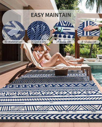 MontVoo-Outdoor Rug Carpet Waterproof 5x8 ft Reversible Patio Rug RV Camping Rug-Plastic Straw Rug Outside Indoor Outdoor Area Rug for Patio Deck Balcony Picnic Beach Outdoor Decor Boho Navy Blue