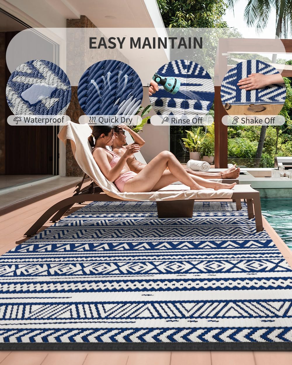 MontVoo Outdoor Rug 8x10 Waterproof Outdoor Patio Rug Mat Reverisble Plastic Straw Outdoor Rug for RV Camping Picnic Beach Balcony Boho Navy Blue