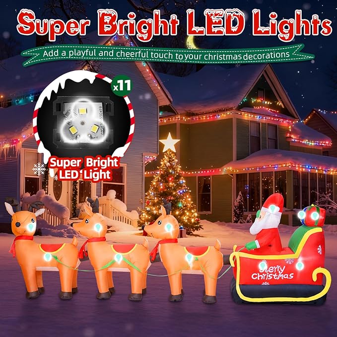 12FT Long Christmas Inflatables Outdoor Decorations, Inflatables Santa Claus on Reindeer Sleigh Built-in LED Lights, Christmas Blow Up Yard Decorations for Holiday Outdoor Garden Lawn Decor