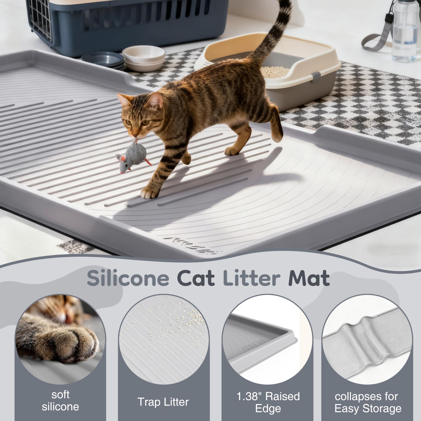 ISSEVE Cat Litter Mat 54" x 27.5" XXL, Extra Large Silicone Mat for Litter Box, 1.38" Raised Edge Urine Proof Litter Trapping Mat Pad for Scatter Control, Soft on Kitty Paws, Protect Floor (Grey)