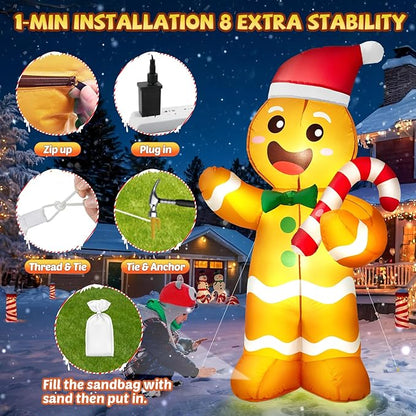 5FT Christmas Inflatables Gingerbread Man, Christmas Decoration Outdoor Built-in Bright LED Light Hold Candy Cane Blow Up Yard Decoration Blowups for Indoor Holiday Party Xmas New Year