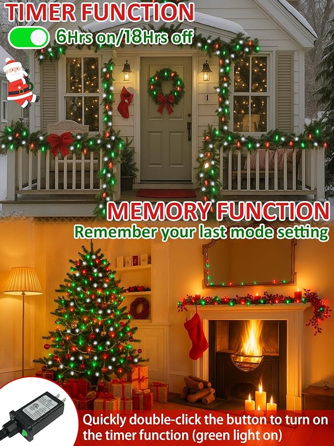 Upgraded 250 LED C6 Connectable Christmas String Light Red Green and White, 82FT Waterproof Christmas Twinkle Light Outdoor, Plug in Fairy Lights Indoor with 13 Modes & Timer for Christmas Decoration