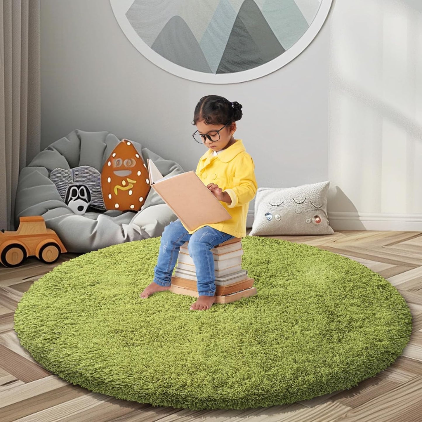 Super Soft Circle Rugs for Girls Princess Castle Toddlers Play Tent 3 Diameter Circular Area Rugs for Bedroom Home Decor Round Shag Playhouse Carpets(Φ3, Grass Green)