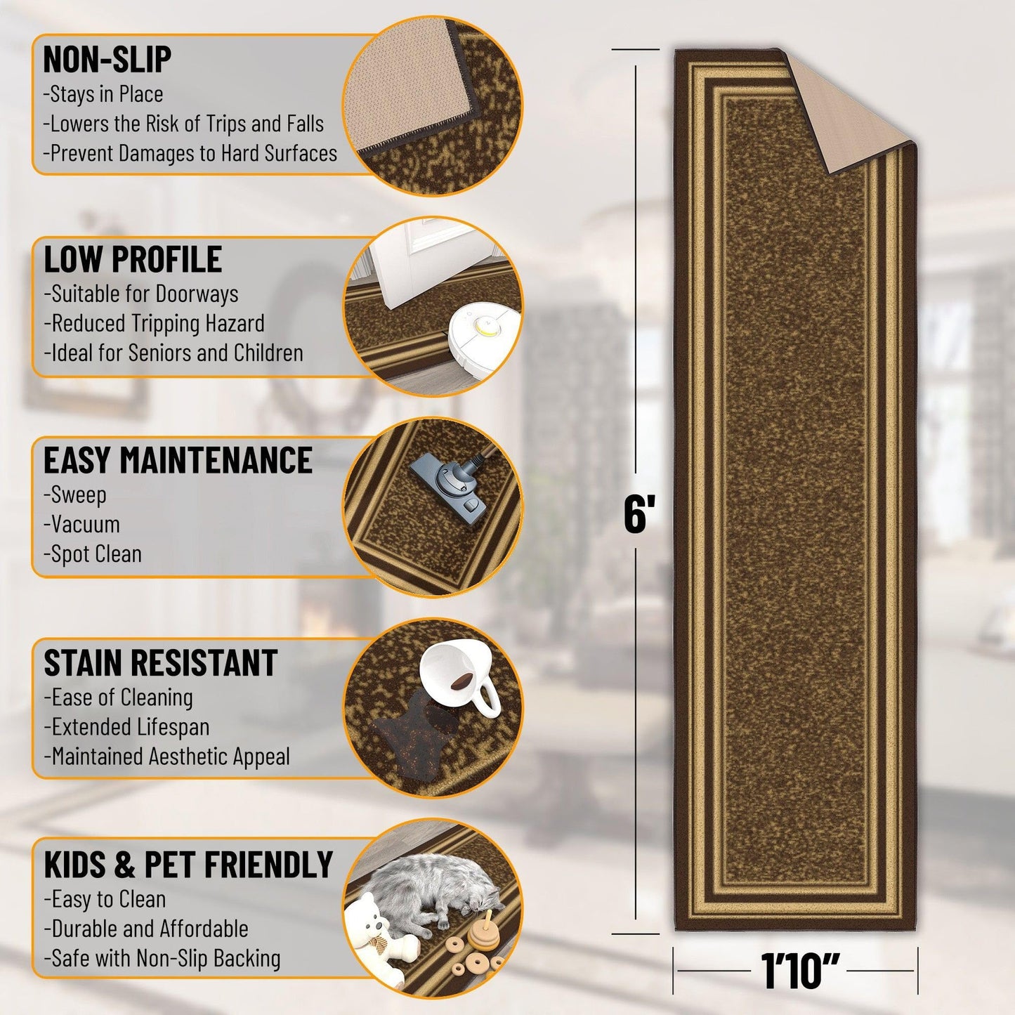 Ottomanson Runner Rug 1'10" x 6' – Non Slip Rubber Backed Kitchen Rug for Sink Area, Hallway Carpet Runner, Low Pile Indoor Runner Rug for Laundry Room and Entryway, Border Brown