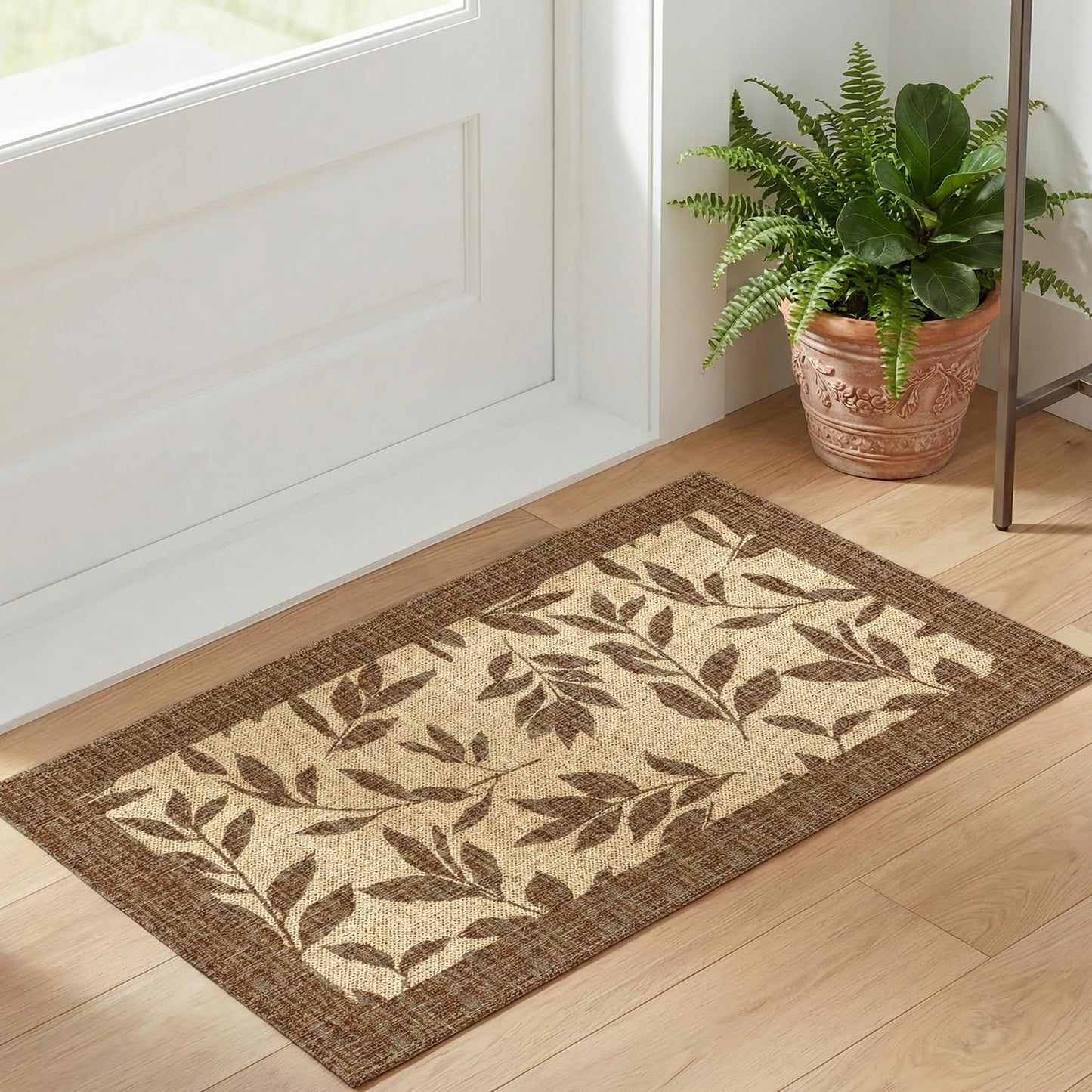 Artoid Mode Brown Washable Non Slip Leaves Doormat, Seasonal Home Decor Absorbent Natural Rubber Back Door Mat Floor Mat 17x29 Inch