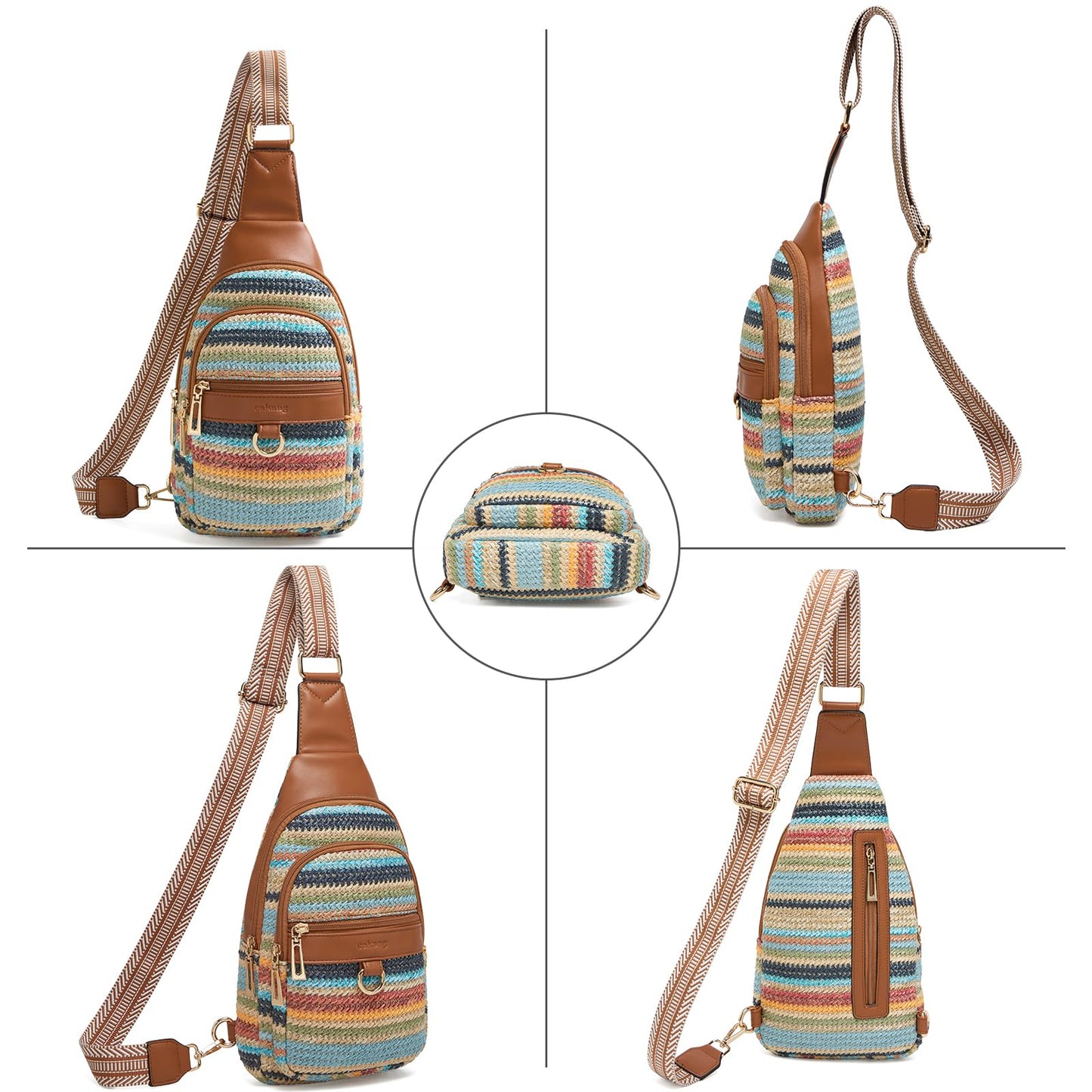 cakang 7L Straw Crossbody Bags for Women - Fashion Sling Chest Bag with Rainbow Woven Design, Lightweight Fanny Pack Travel Leather Shoulder Bag (Brown)