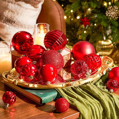 JORNOY Christmas Tree Ornaments Set, 47 Pack Assorted Shatterproof Hanging Balls Decorations, Plastic Bulbs Bulk with Lanyard for Home Holiday Party Decor, 3-Sizes (Red)