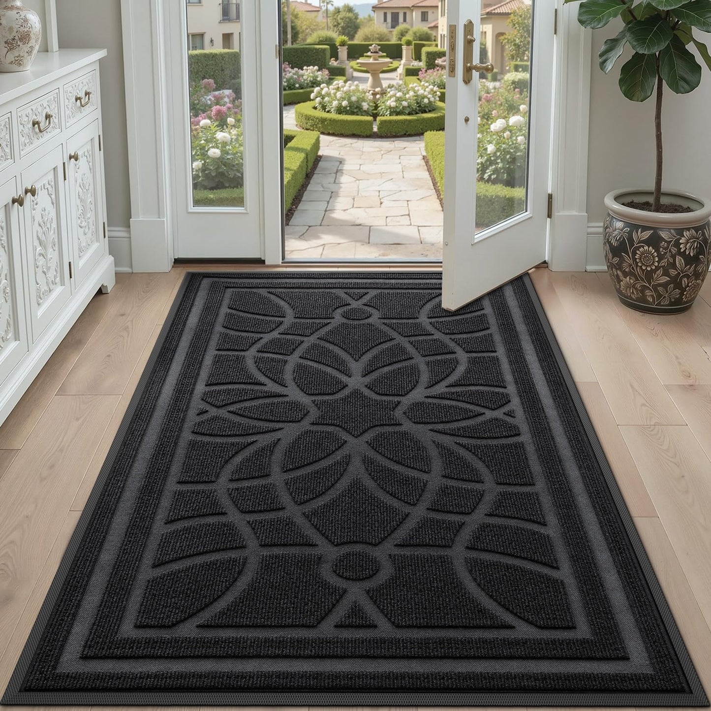 DEXI Front Door Mat Outside Entrance, Heavy Duty Non Slip Low Profile Doormat for Entryway, Trap Dirt and Moisture Welcome Mats, Easy Clean, Patio, Garage, 5x3, Black