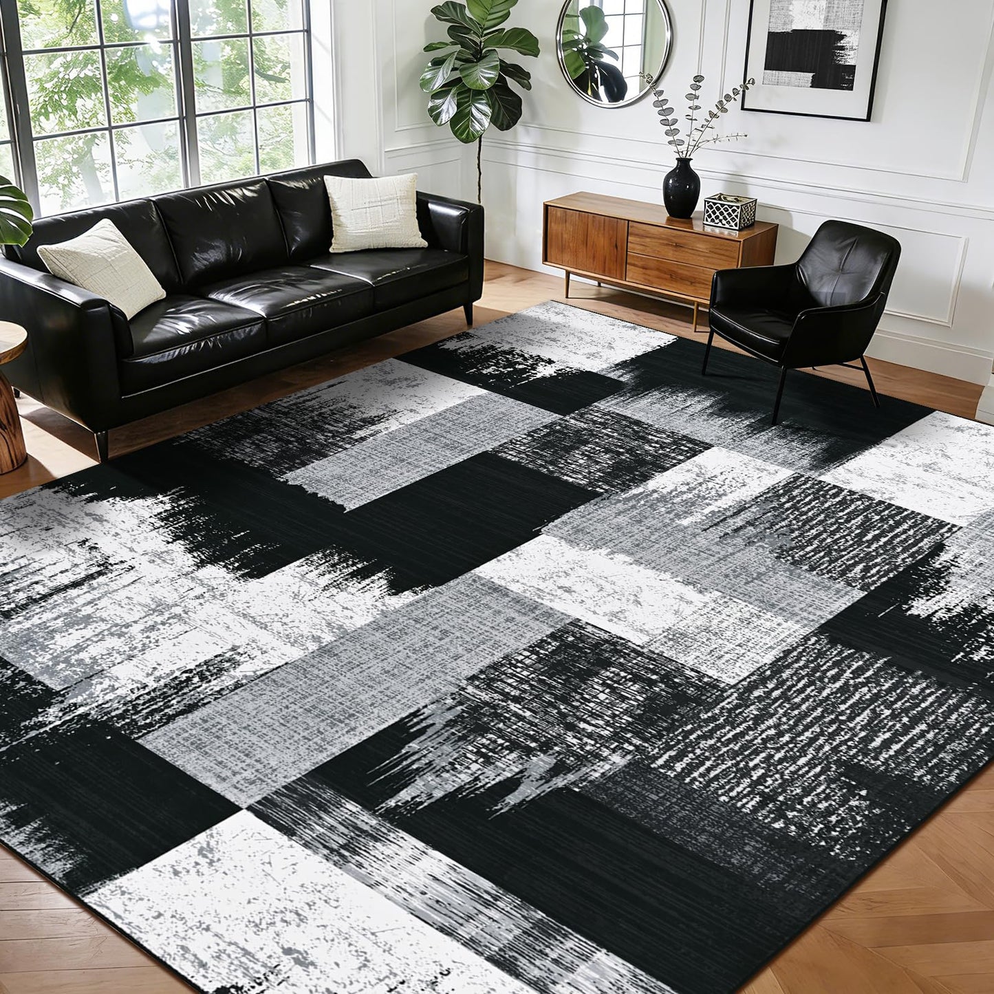 Yinhua Modern Geometric 8x10 Area Rugs, Patchwork Grey Rugs for Living Room Washable Abstract Rug Non Slip, Soft Bedroom Rug Stain Resistant, Mid Century Low Pile Carpet for Dining Room, Office