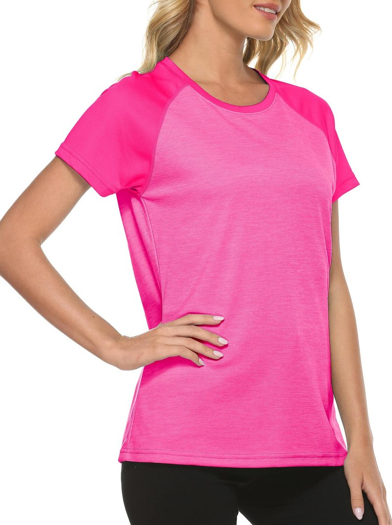 MoFiz Lady's Short Sleeve Sports Top Shirts UPF 50+ Sun Protection Lightweight Athletic Gym Workout T-Shirts for Women Rose Red L