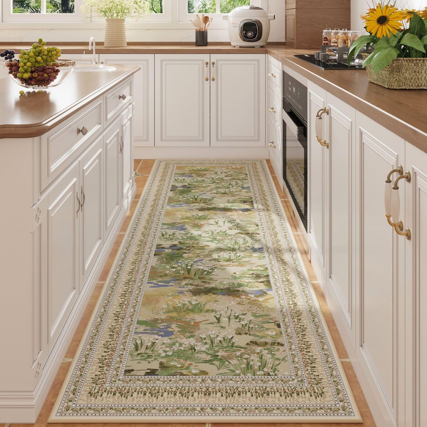 Rugcomf 2x6 Runner Rug Impressionist-Style Vintage Kitchen Rugs Non Slip Washable Soft Carpet Runner for Kitchen Laundry Bedroom Bathroom, Beige