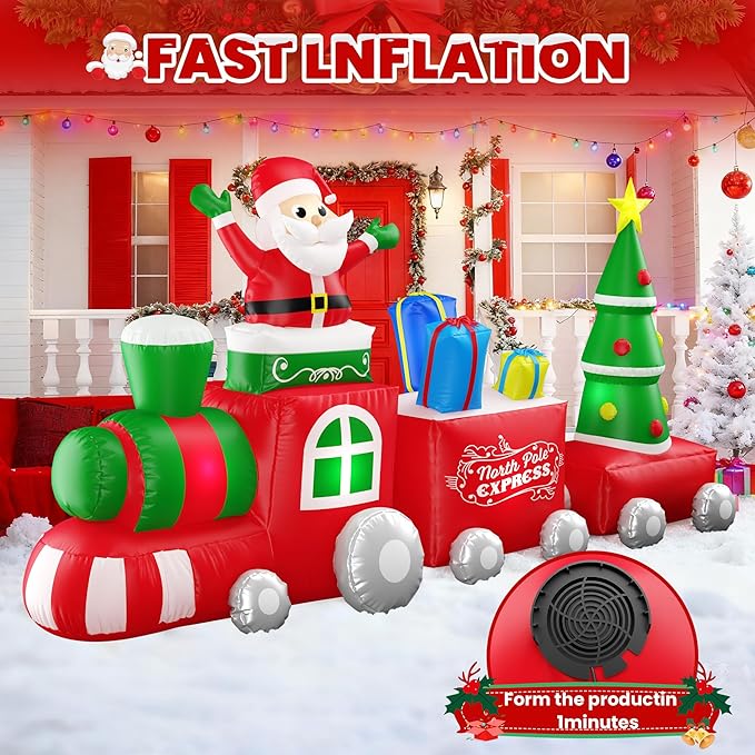 10 FT Deluxe Christmas Inflatables Train with Santa Claus, Gift Box, Christmas Tress, Built-in LED Lights, Blow Up Lovely Train Carriage for Christmas Party Holiday, Outdoor Garden Lawn Yard Decor