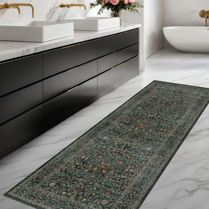 Dark Green 2x5 Runner Rug Non Slip Washable for Bathroom, Kitchen, Floral Boho Low Pile Entryway Rug, Door Mat Indoor Entrance, Small Carpet Runner for Laundry Room