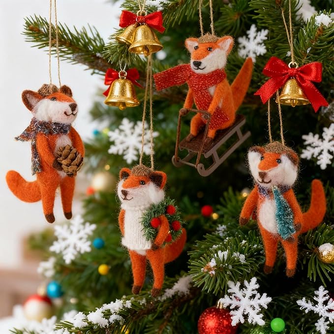 Set of 4 Christmas Felt Fox Ornaments, 5" Mini Wool Mr. Foxes Figurines for Christmas Tree Wreath Hanging, Fantastic Xmas Tabletop Decor, Animal Crafts Holiday Easter Gifts Party Supply