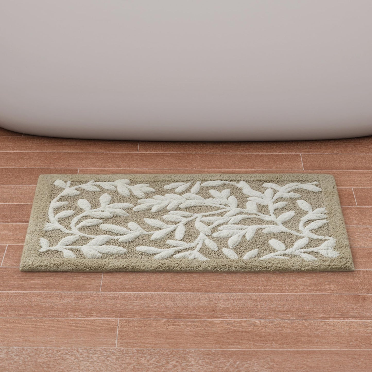 Madison Park Serene 100% Cotton Tufted Bathroom Rug - High & Low Tufting Floral Leaf Design, Quality Luxurious Plush Medium Pile Bath Mat Absorbent, Quick Dry, Shower Room Décor, 21x34 Taupe