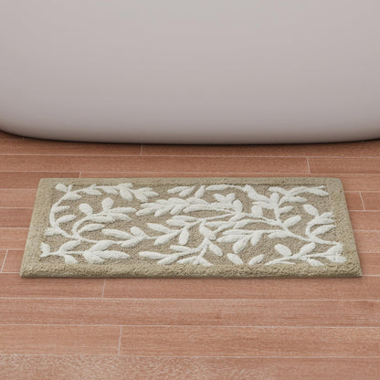 Madison Park Serene 100% Cotton Tufted Bathroom Rug - High & Low Tufting Floral Leaf Design, Quality Luxurious Plush Medium Pile Bath Mat Absorbent, Quick Dry, Shower Room Décor, 21x34 Taupe