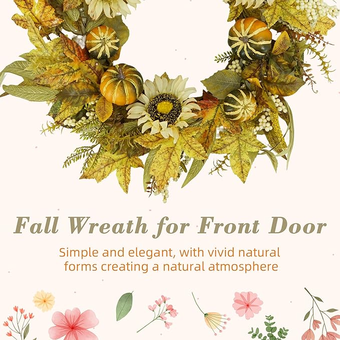 YNYLCHMX 18" Fall Wreaths for Front Door, Artificial Autumn Wreath with Sunflower Pumpkin and Berries for Home Porch Window Wall Farmhouse Decor, Indoor Outdoor, Holiday Decor