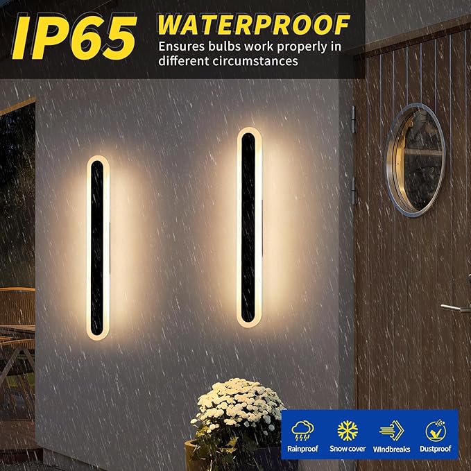 2 Pack Long Outdoor Porch Wall Light, 23.6inch Oval Modern LED Wall Sconce, IP65 Waterproof, 3000K Warm White, 24W, Exterior Linear Lighting Fixture for Patio, Yard, Garage, Balcony