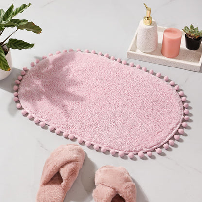 YIRDDEO Bath Mat Pink Rug with Pom Oval Bathroom Rugs for Bedroom Non Slip Cute Boho Absorbent Mats Soft Plush Washable Rug (20 x 30 inches)