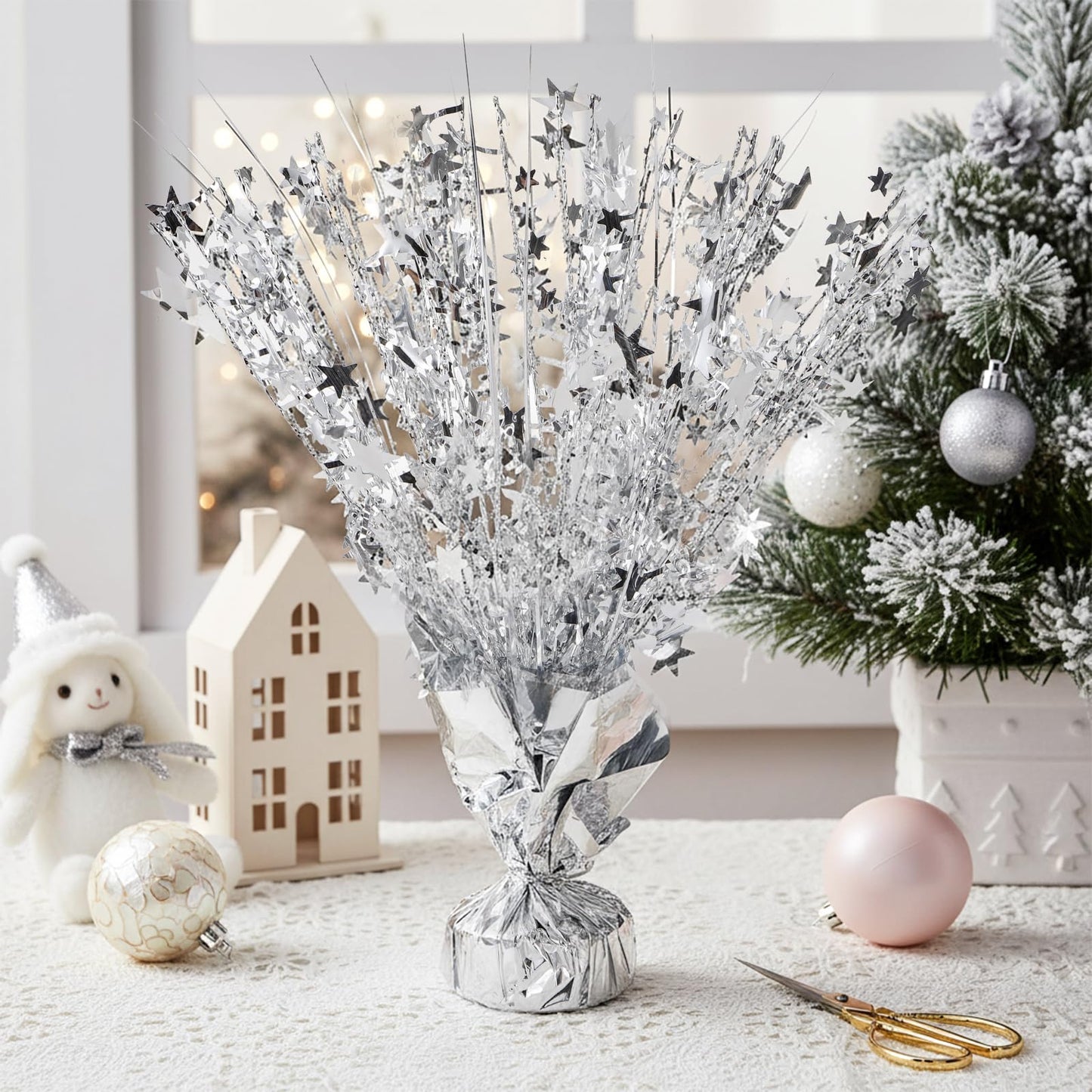 ZOOFOX 12 Pack Metallic Foil Spray Centerpiece, Glitter Silver Star Table Decoration, Burst Table Centerpieces for Birthday Wedding Anniversary Christmas Party Supplies Decor, Freestanding