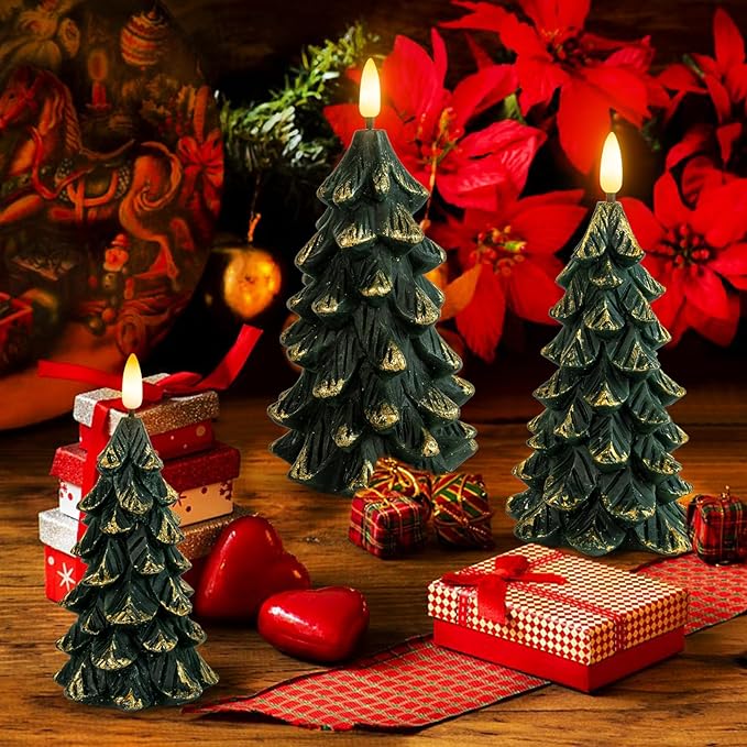 Green Christmas Tree Shaped Flickering Flameless LED Candles with Timer, Real Wax Battery Operated, Set of 3