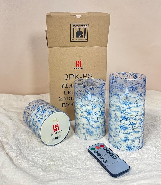 Flickering Flameless Candles Blue Floral Print, Embedded Star String Lights, Battery Operated Acrylic LED Pillar Candles with 11-Key Remote and Timer for Home Decoration, 3 Pack
