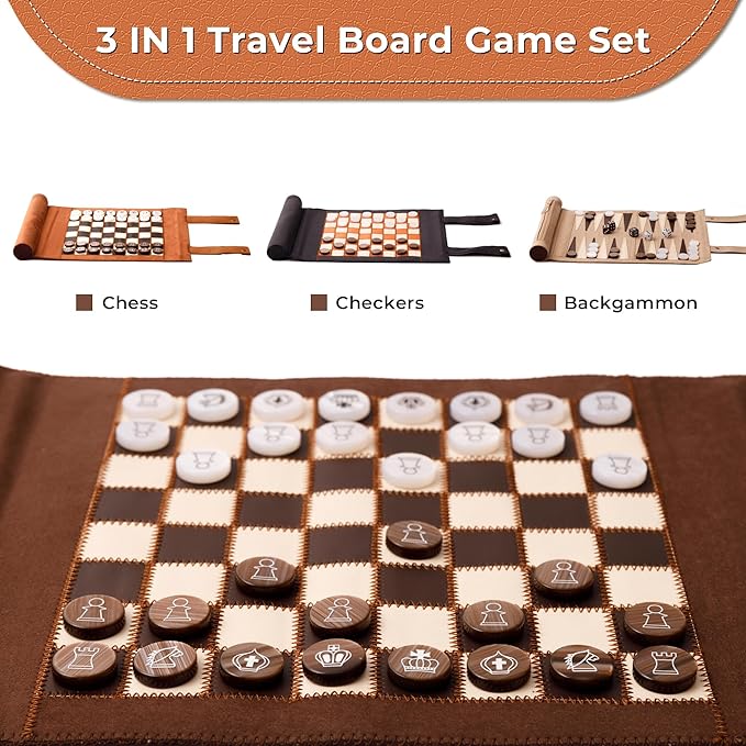 Woodronic 3 in 1 Travel Chess Checkers Backgammon Set Roll-up Leather Backgammon Game Set with 32 Pearl Textured Pieces and 5 Dices Portable Travel Strategy Board Game Set for Adult Navy Blue
