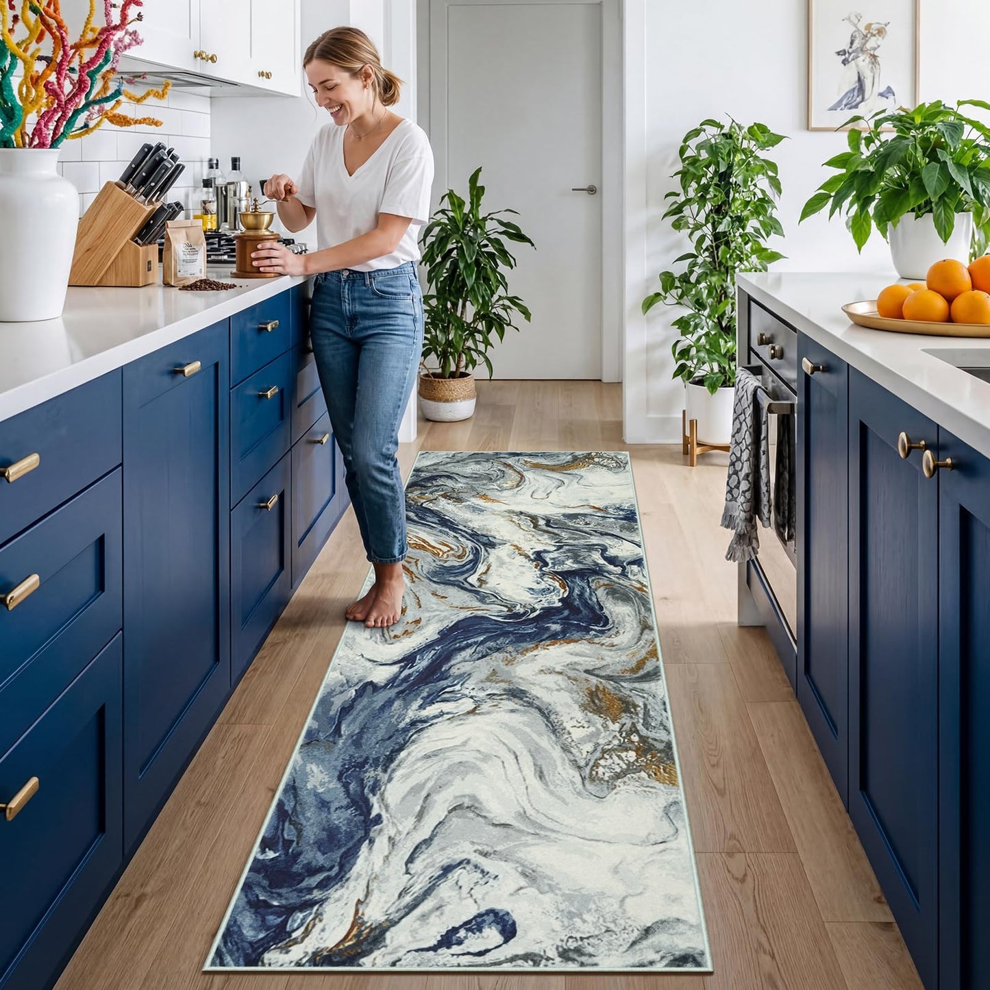 Hallway Runner Rug 2x8, Blue Washable Rug for Bedroom, Non Slip Soft Marble Kitchen Rugs, Abstract Low Pile Entryway Rugs, Stain Resistant Runner Carpet for Laundry Room Bathroom Closet