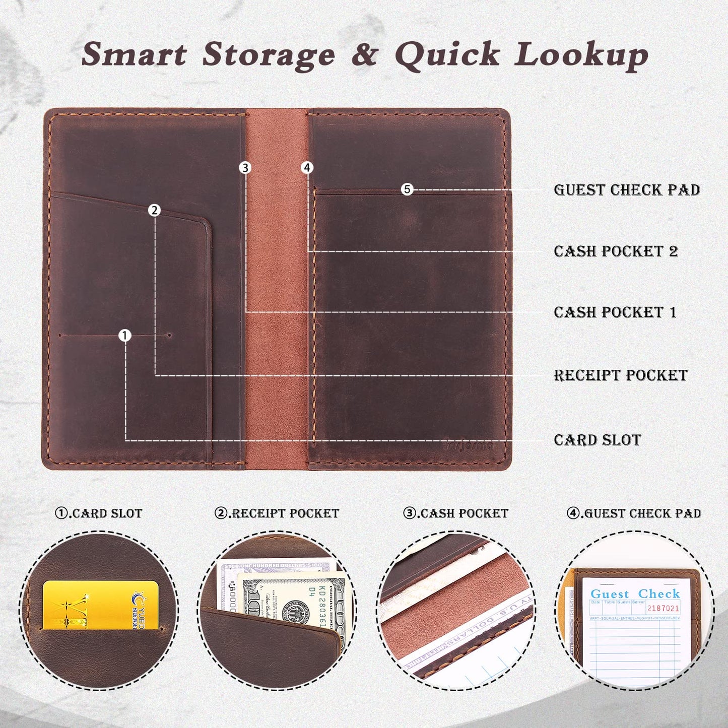 Fasjosma Server Books for Waitress,Leather Restaurant Guest Check Presenters Card Holder for Waitress,Restaurant Waitstaff Organizer with Money Pocket,Waiter Accessories Fit Server Apron-Coffee