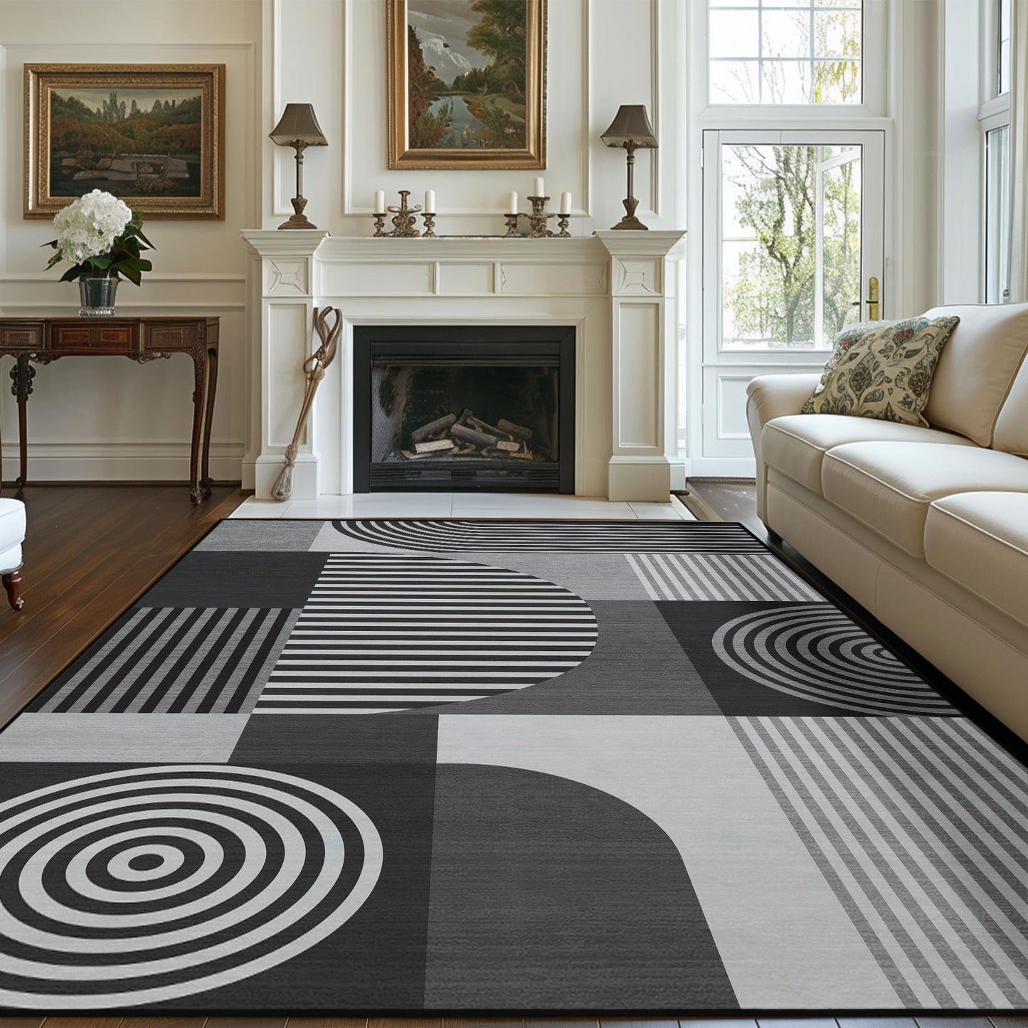 Glocmna Area Rug 5x7 Grey Geometric Rug for Living Room Black White Machine Washable Gray Minimalist Mid Century Modern Rugs Non Slip Low Pile Large Dining Room Indoor Floor Carpet for Bedroom Office