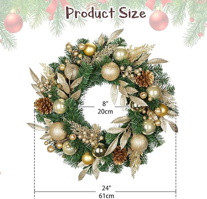 24 inch Christmas Door Wreath, Pine Wreaths for Front Door with Golden Ball Glittered Leaf Spray Stems Pinecones Berries for Fireplace Xmas Decorations, Wall Window Indoor Outdoor Decor