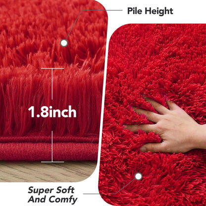 Red Fluffy Area Rug for Bedroom: Soft Plush Rugs for Living Room & Kids Room - Shaggy Carpet for Valentine's Day Decor