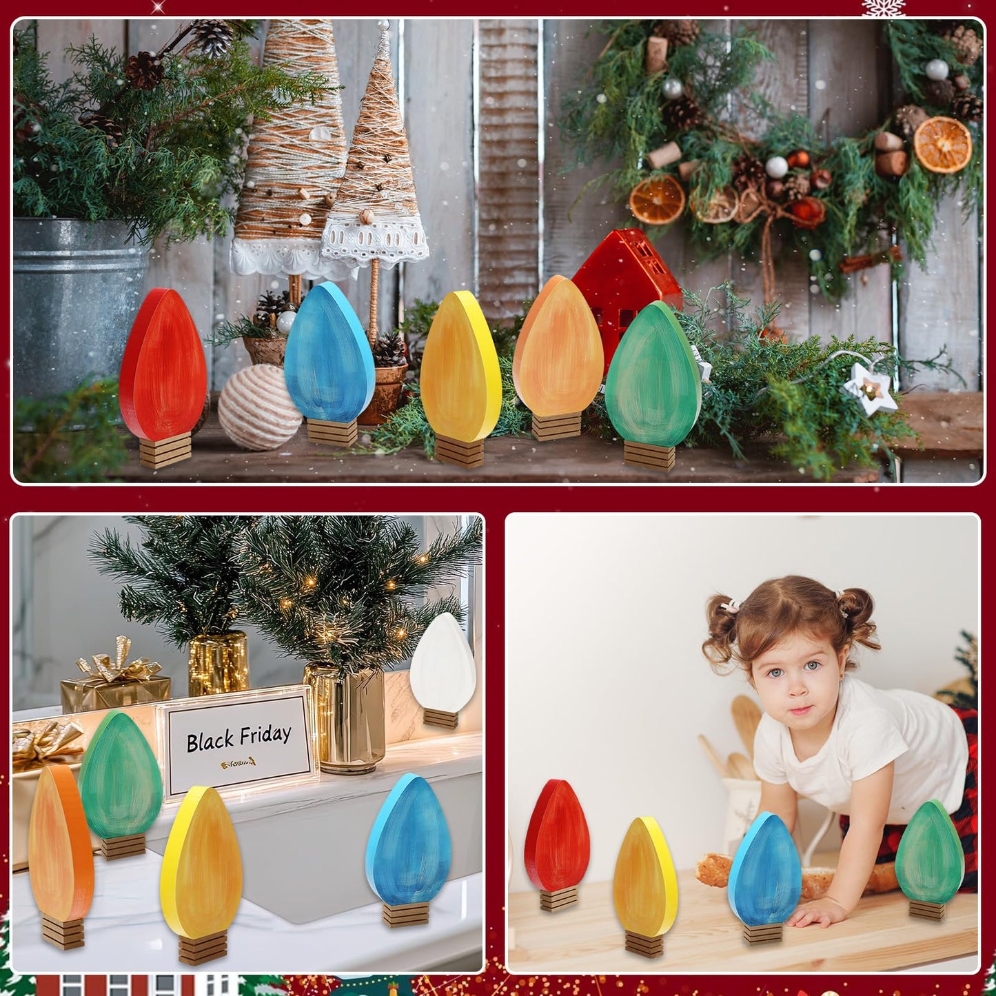 Whaline 6 Pcs Christmas Wood Ornaments Tabletop Signs Orange Blue Red Green White Yellow Wooden Light Bulb Desktop Centerpieces Crafts for Xmas Tree Tiered Tray Fireplace Holiday Winter Decor