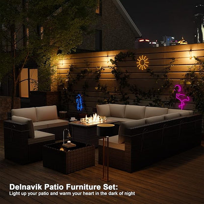Kurapika 13 Pieces Patio Furniture Set, Rattan Wicker Outdoor Conversation Sets w/43in Propane Fire Pit Table and 4 Inch Cushion(Sand)