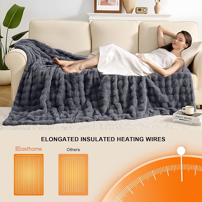 Heated Blanket Electric Throw Blanket 62''X 84''-Heating Blanket with 6 Heat Settings-10 Hours Auto Off,Cozy Faux Rabbit Fur Bubble Electric Blanket,Dark Gray
