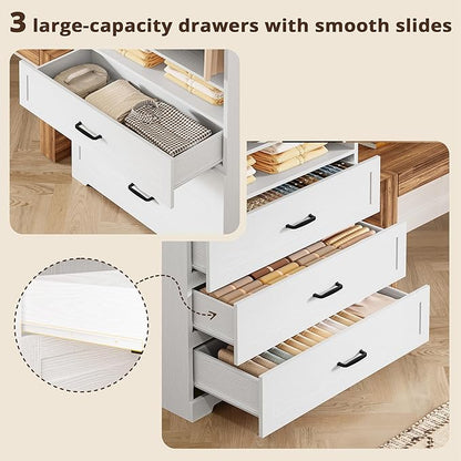 IRONCK Freestanding Closet System with 3 Wood Drawers, Modern Armoire Wardrobe with Adjustable Shelves & Hanging Rod, Walk-in Closet Systems Organizer for Small Closet, 31.5" White