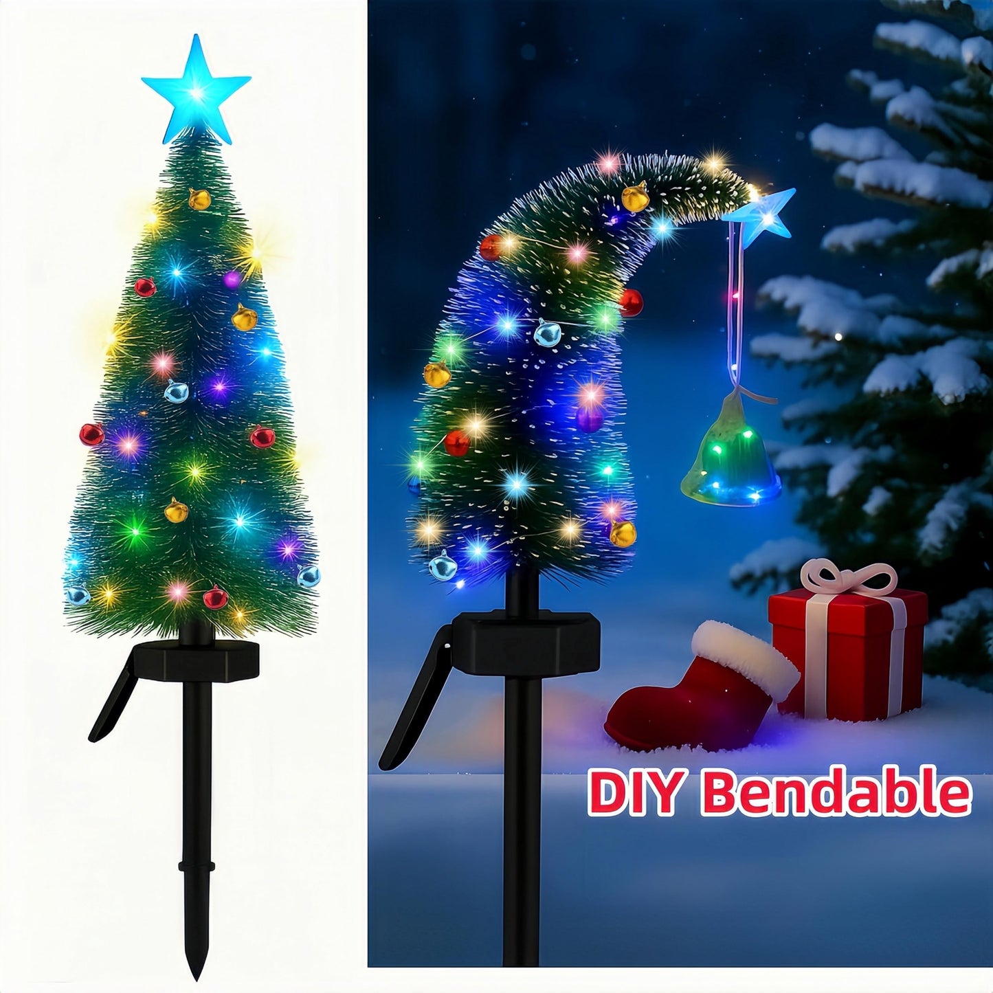 Solar Christmas Tree Outdoor Christmas Decorations, Small Xmas Tree Lights with 24 Mini Bells & 1 DIY Big Bell,Waterproof Solar Christmas Lights for Yard Front Porch Pathway Grave Cemetery Decor