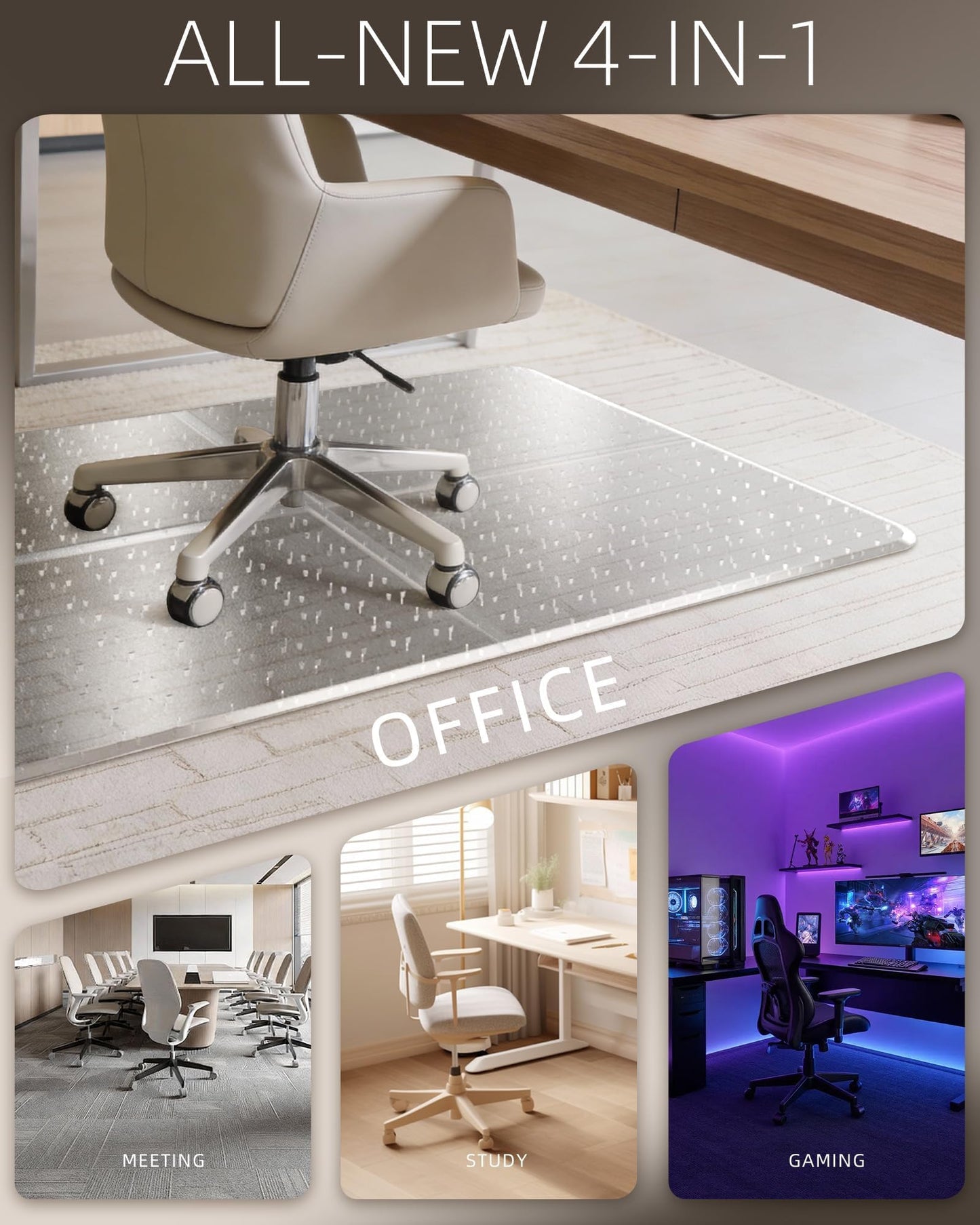 Office Chair Mat for Flat-Pile Carpet - 4-Piece Interlocking Desk Rug with Gripping Spikes & Beveled Edges, Clear PET Non-Slip Floor Mat for Gaming & Work
